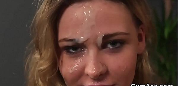  Foxy peach gets sperm load on her face sucking all the semen